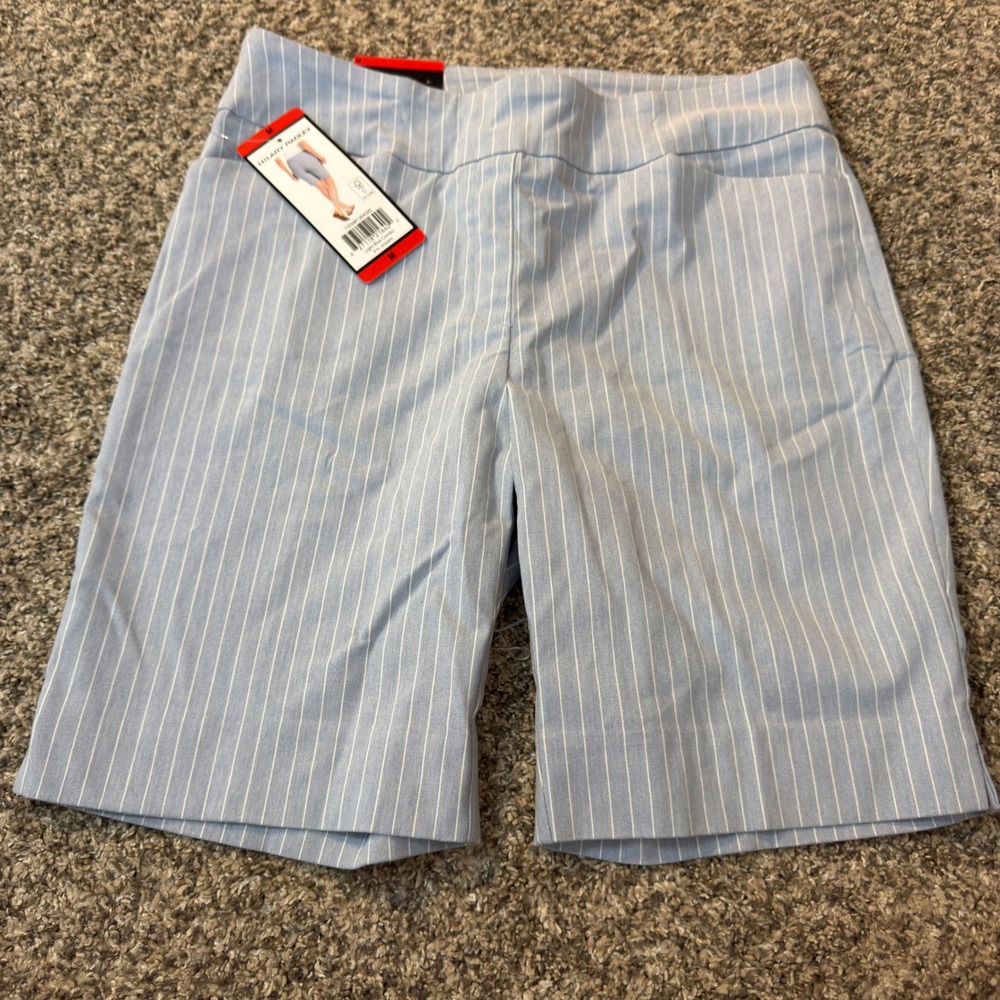 Hilary Radley Womens Blue Pinstripe Bermuda Shorts Mid Rise Stretch Size M NWT